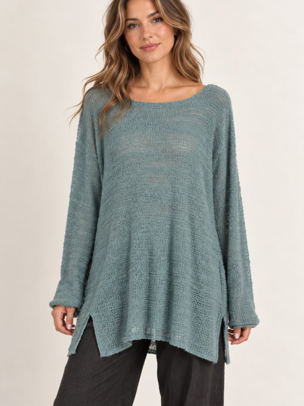 Eileen Fisher Linen Blend Sweater Top Medium Green Blue Open Knit Relaxed Lagen